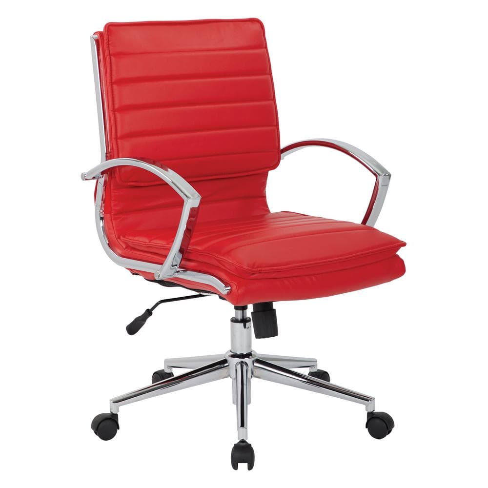 Executive Mid-Back Swivel Chair in Red Leather with Chrome Base