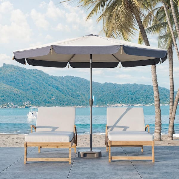 10 ft. Outdoor Market Umbrella with Fringe, Large Patio Umbrella for Poolside, Deck, Garden in White and Navy Blue