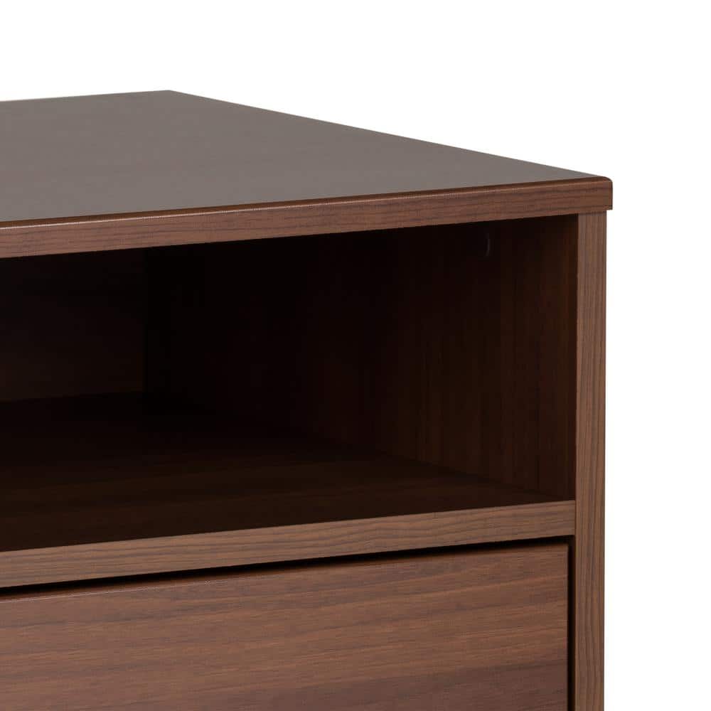 Cherry Wood and Brass Mid-Century Modern Nightstand with Open Shelf