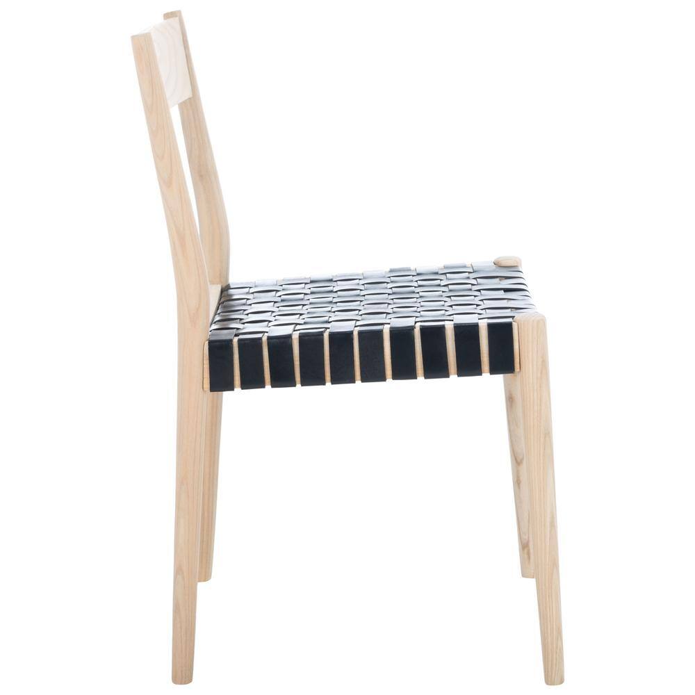Modern Black Leather and Natural Wood Side Chair Set