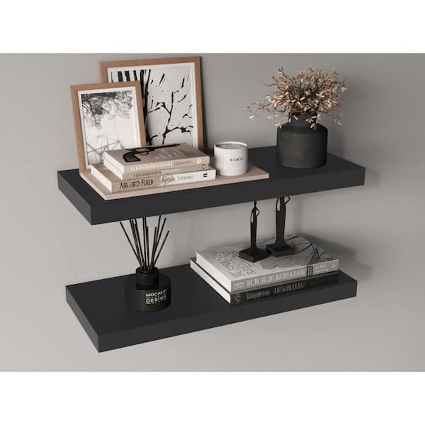 GOGEXX 31.5 in. W x 9.8 in. D x 1.5 in. H Black Composite Decorative Wall Shelf for Living Room (Set of 2)