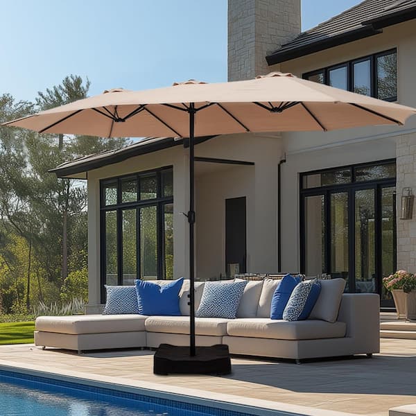 PHI VILLA 15 ft. Market Patio Umbrella 2-Side in Beige With Base and Sandbags