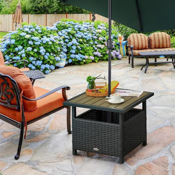 22 in. Black Wicker Outdoor Side Table with Umbrella Insert Hole