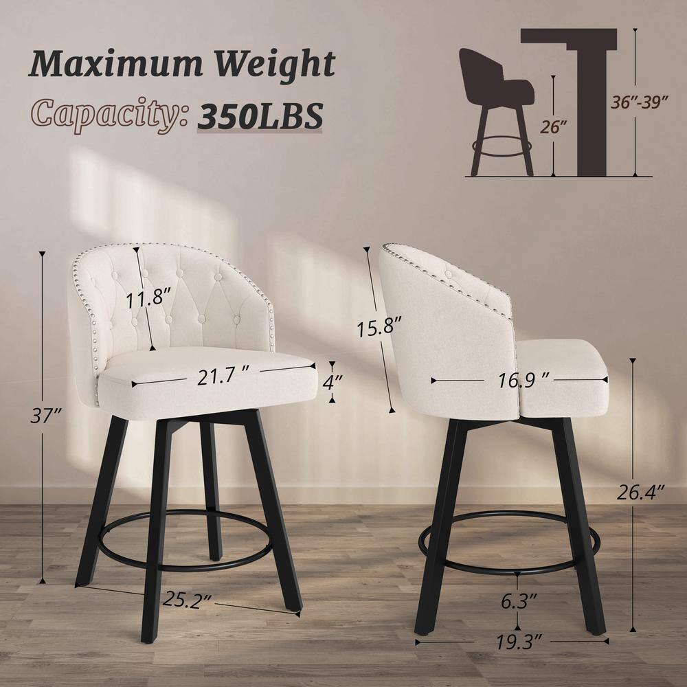 Beige Linen Upholstered Swivel Counter Stools with Metal Frame, Set of 2