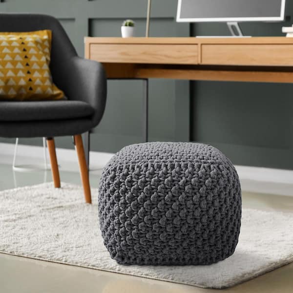 Casafield Dark Gray Knit Cotton Square 18.5 in. x 18.5 in. x 14.5 in. Pouf Foot Stool