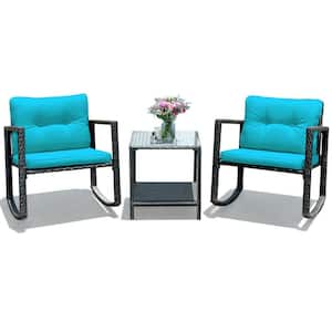 3-Piece Black Wicker Outdoor Bistro Set with Rocking Chairs Blue Cushions