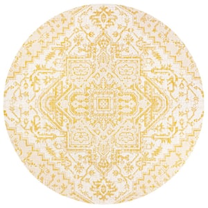 Estrella Bohemian Medallion Textured Weave Cream/Yellow 5 ft. Round Indoor/Outdoor Area Rug