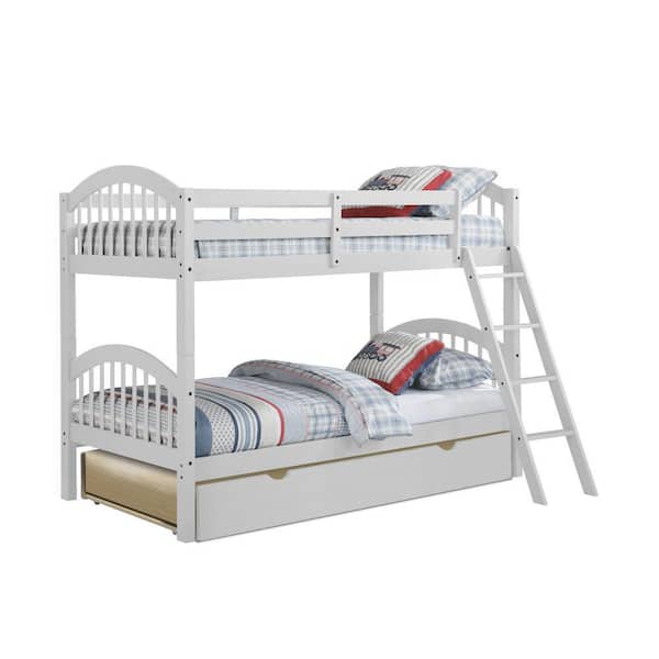 Benjara Diana White Without Mattress Twin Bunk Beds with Trundle and Slatted Arch Headboard