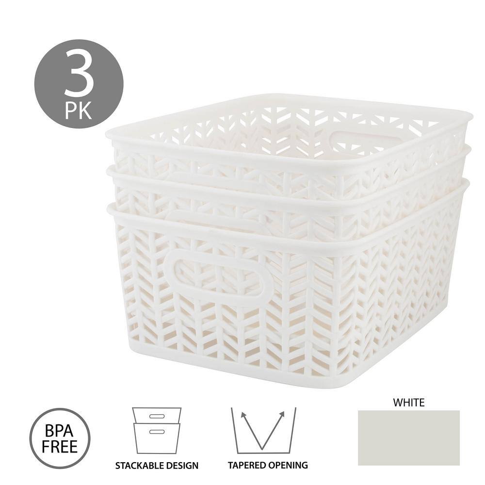 Small White Herringbone Plastic Storage Baskets with Handles, 3-Pack