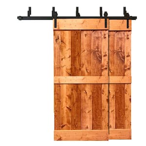 84 in. x 84 in. Mid-Bar Bypass Red Walnut Stained Solid Pine Wood Interior Double Sliding Barn Door with Hardware Kit
