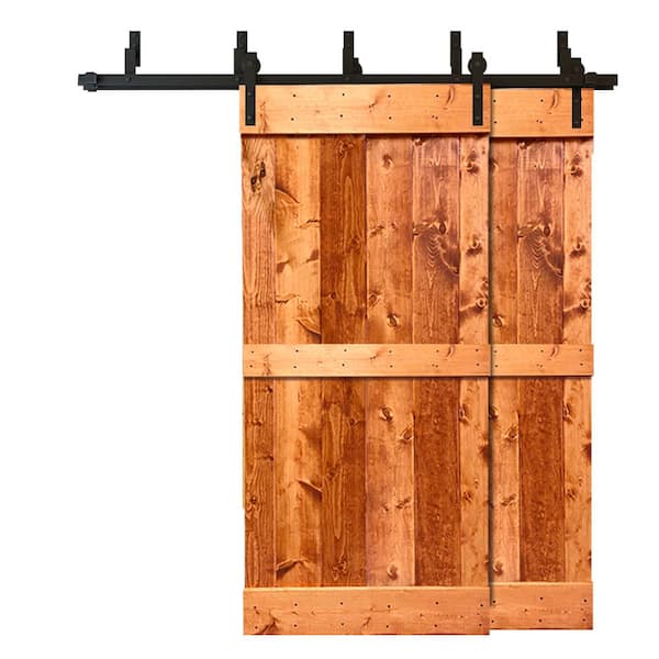 CALHOME 84 in. x 84 in. Mid-Bar Bypass Red Walnut Stained Solid Pine Wood Interior Double Sliding Barn Door with Hardware Kit