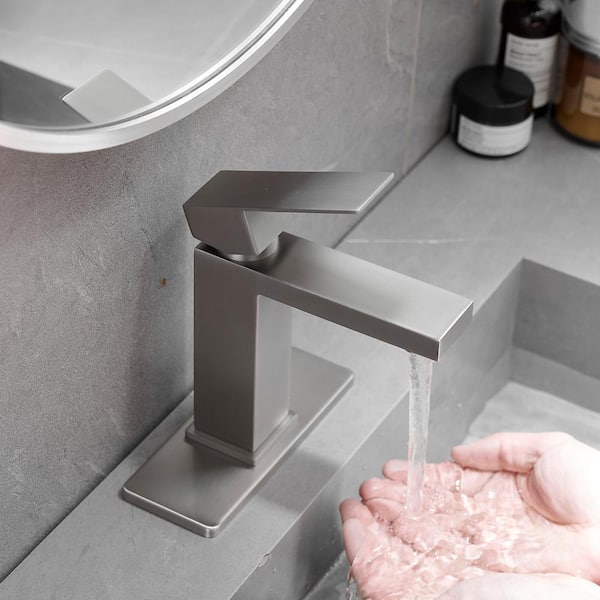 Single Handle Single Hole Bathroom Faucet with Deckplate and Drain Included, Waterfall Bathroom Faucet in Brushed Nickel