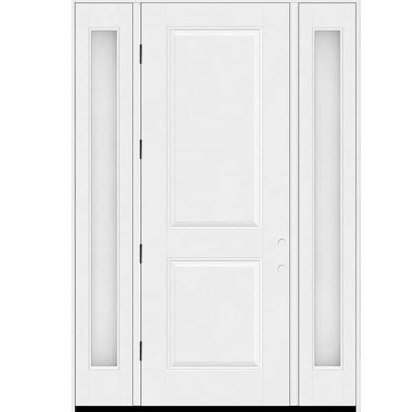 Regency 64 in. x 96 in. 2PSquaretop RHOS Unfinished White Mahogany Fiberglass Prehung Front Door w/Obscure12in.SLs6-9/16