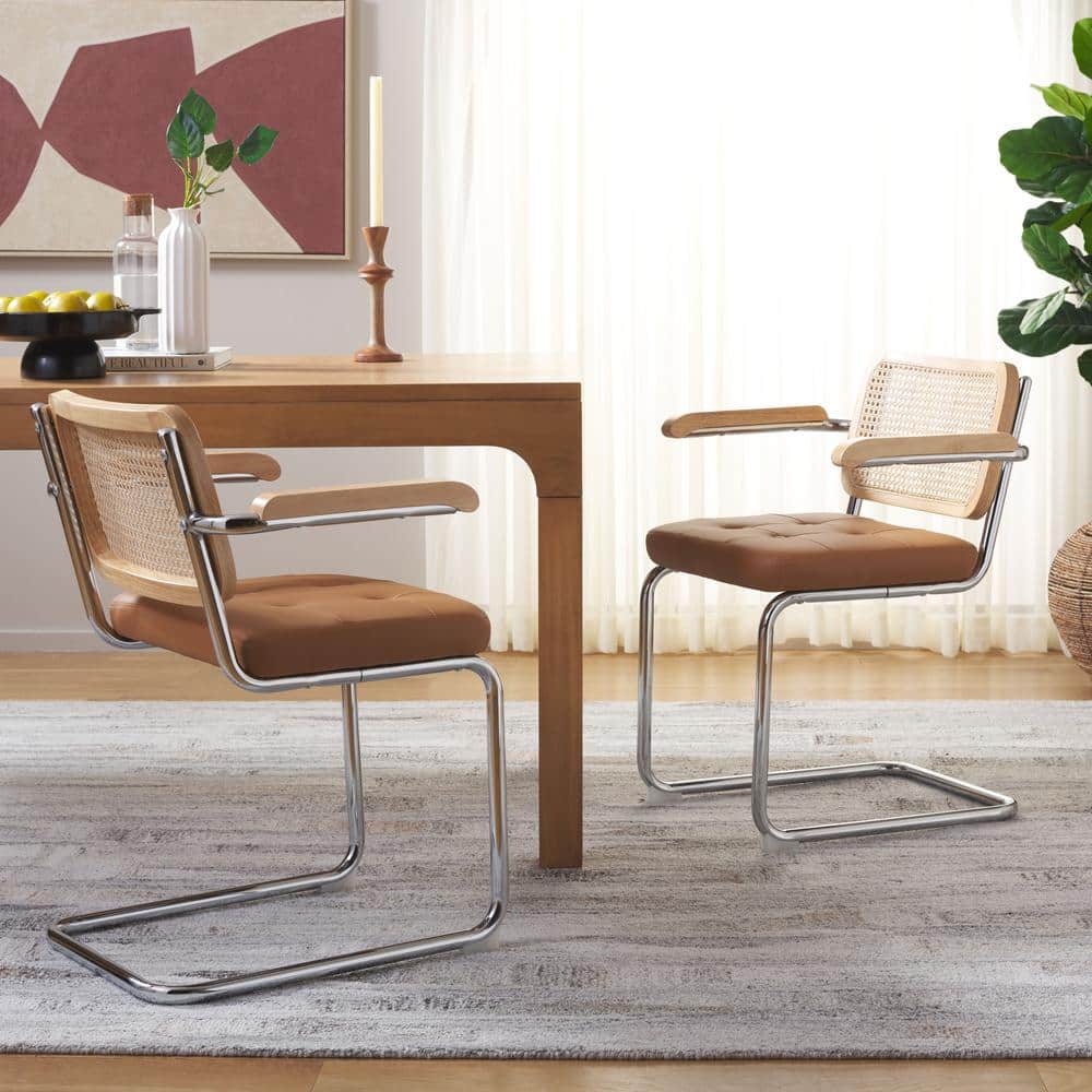 Cognac Faux Leather and Natural Rattan Arm Chair with Chrome Legs