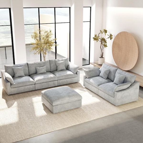 196 in. W Square Arm Linen Upholstered Rectangle 5-Seater Sectional Sofa in Gray