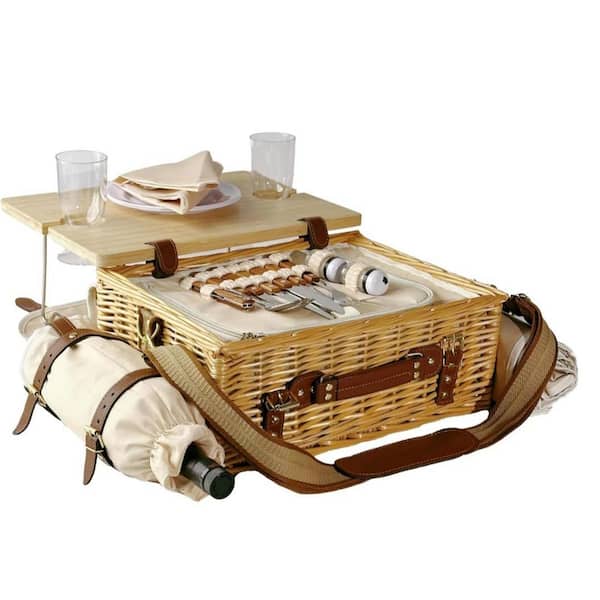 1-Piece Beige Wicker Picnic Basket Set with Insulated Compartment Foldable Table Tableware Blanket for 2 Persons Camping
