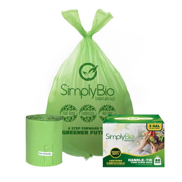 Simply Bio 3 Gal. Compostable Trash Bags with Handle, Eco-Friendly, Heavy-Duty (80-Count)
