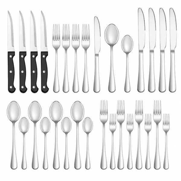 24-Piece Retro Stainless Steel Flatware Set, Silver Polished Tableware Utensil Set with Steak Knives for Home Dining Use