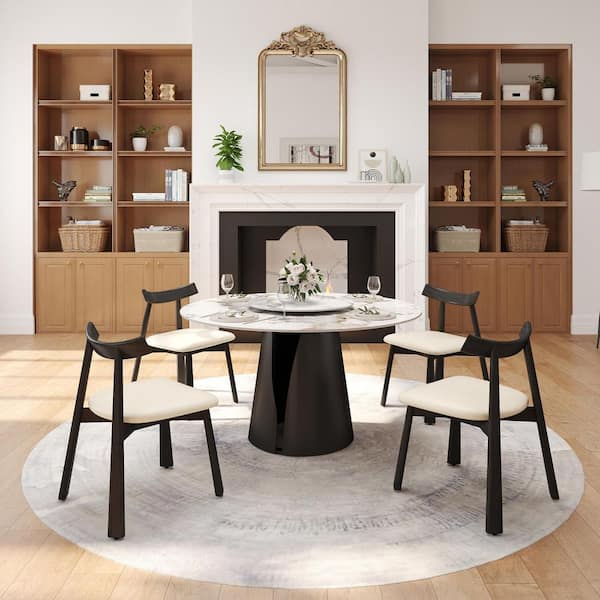 White Microfiber Leather Dining Chair (Set of 4), Upholstered Side Chairs with Wood Legs for Dining Room