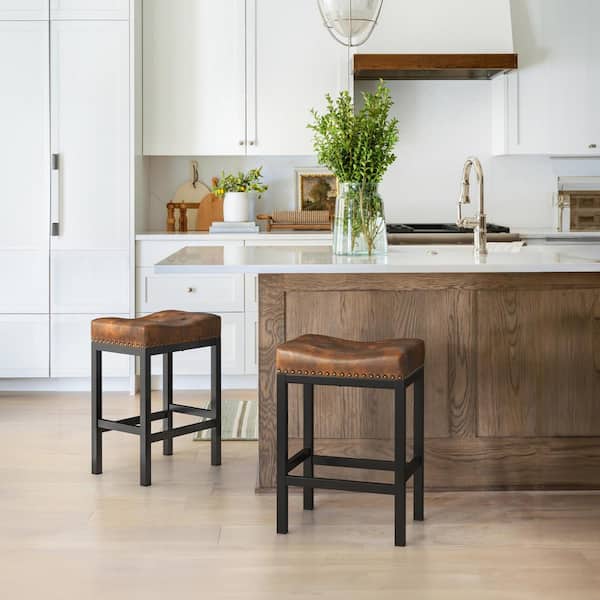 LUE BONA 24 in. Yellow Brown Counter Height Saddle Bar Stool Faux Leather Cushion Backless Bar Stool with Metal Legs (Set of 2)