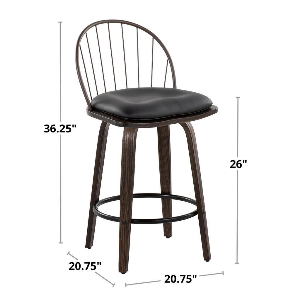 Walnut Bronze Swivel Counter Stool with Metal Backrest and Faux Leather Cushion