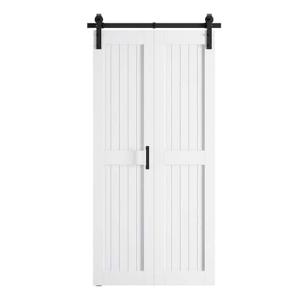 36 in. x 84 in. Bi-Fold Paneled H Shape White Finished MDF Sliding Barn Door with Hardware Kit