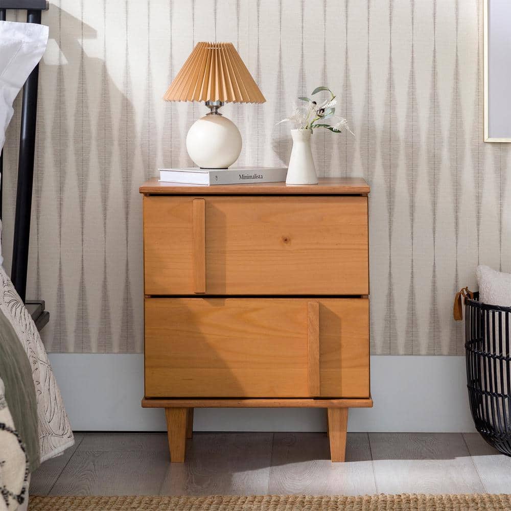 Caramel Solid Wood 2-Drawer Mid-Century Modern Nightstand
