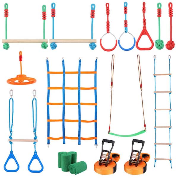 VEVOR Ninja Warrior Obstacle Course 2 x 65 ft. Weatherproof Slacklines 500 lbs. Multi-Colored Balance Beam with 12 Obstacles
