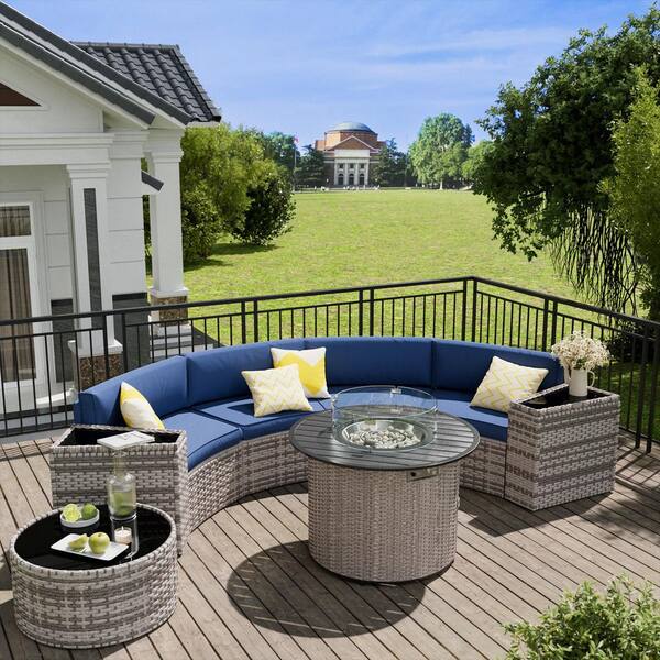 ELPOSUN 8-Piece Wicker Curved Half-Moon Outdoor Patio Conversation Set with Navy Cushions, Coffee Table and Firepit