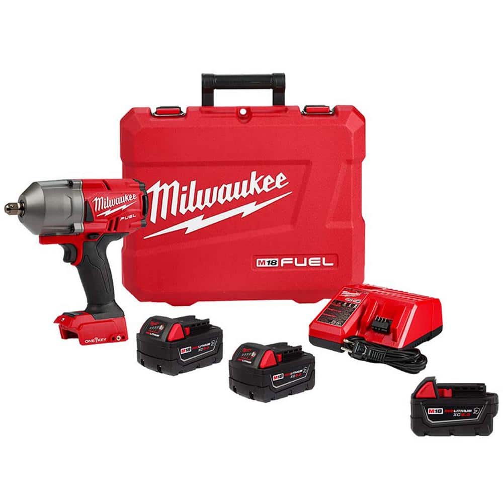 Milwaukee M18 FUEL ONE-KEY 18V Li-Ion Brushless Cordless 1/2 in. High-Torque Impact Wrench w/P Detent Kit (3) Resistant Batteries