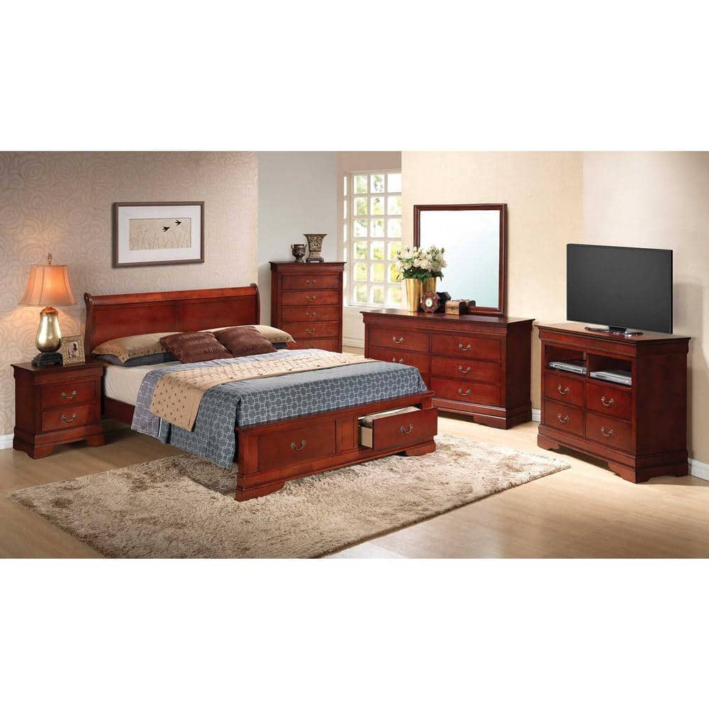 Cherry Wood Queen Platform Storage Bed with Headboard