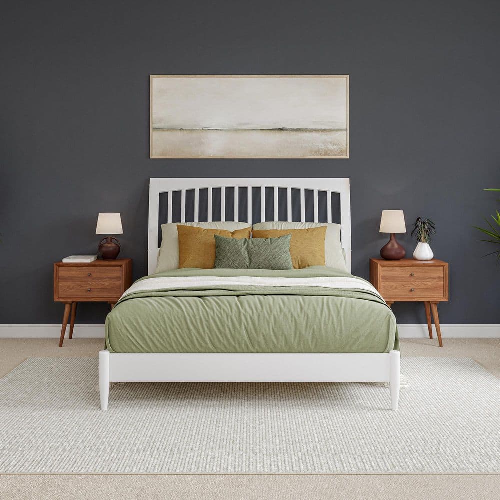 Orleans White Solid Wood Queen Sleigh Platform Bed with Slatted Headboard