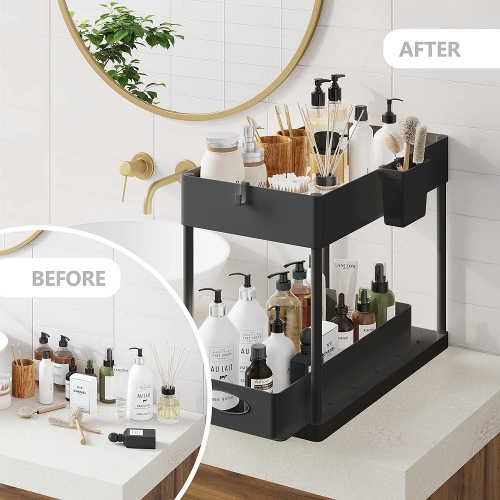 Black 2-Tier Under Sink Organizer with Sliding Drawer