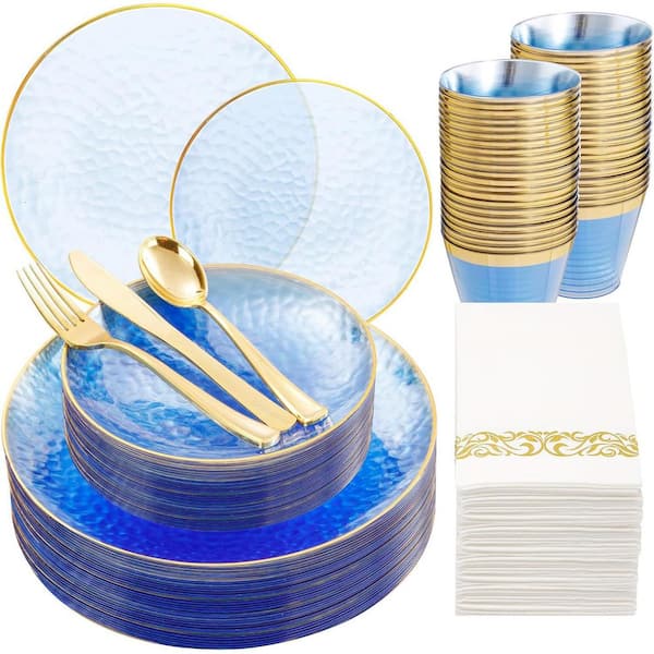 Adrinfly Blue and Gold Disposable Plastic Dinnerware Set for 25-Guests (175-Pieces)