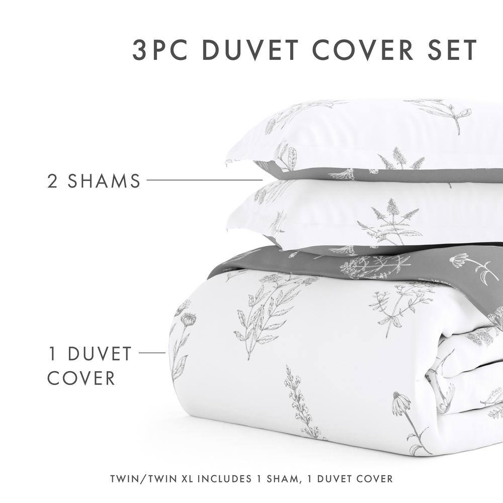 Light Gray Floral Print Twin/Twin XL Reversible Duvet Cover Set