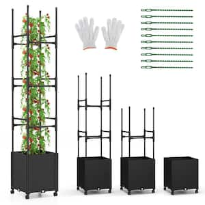 17 in. x 17 in. x 87 in. Black PE-Coated Metal Raised Garden Bed with Obelisk Trellis and 3 Heights, Detachable