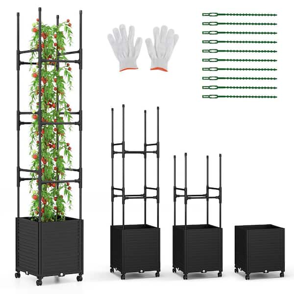 ANGELES HOME 17 in. x 17 in. x 87 in. Black PE-Coated Metal Raised Garden Bed with Obelisk Trellis and 3 Heights, Detachable