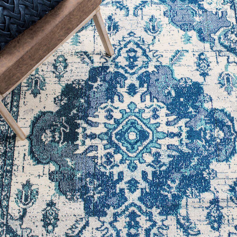 Ivory and Blue Distressed Boho Chic 8' x 10' Area Rug
