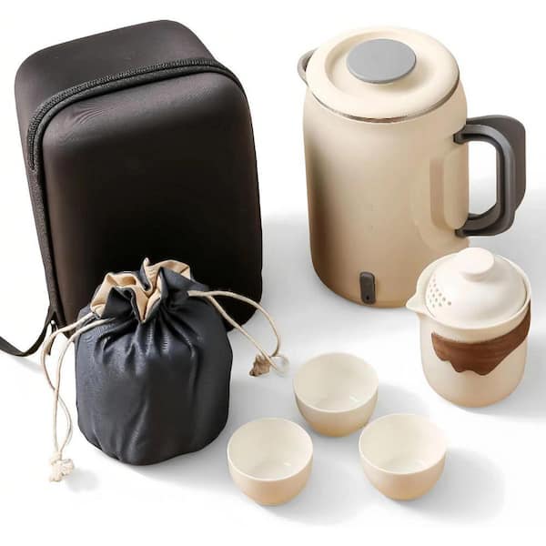 Travel Tea Set with Mini Electric Kettle 0.6L White Stainless-Steel Dual-Layer Case Teapot Strainer Cups