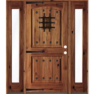 70 in. x 80 in. Medit. Knotty Alder Left-Hand/Inswing Clear Glass Red Chestnut Stain Wood Prehung Front Door w/DFSL