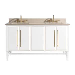 Mason 61 in. W x 22 in. D Bath Vanity in White with Gold Trim with Marble Vanity Top in Crema Marfil with White Basins