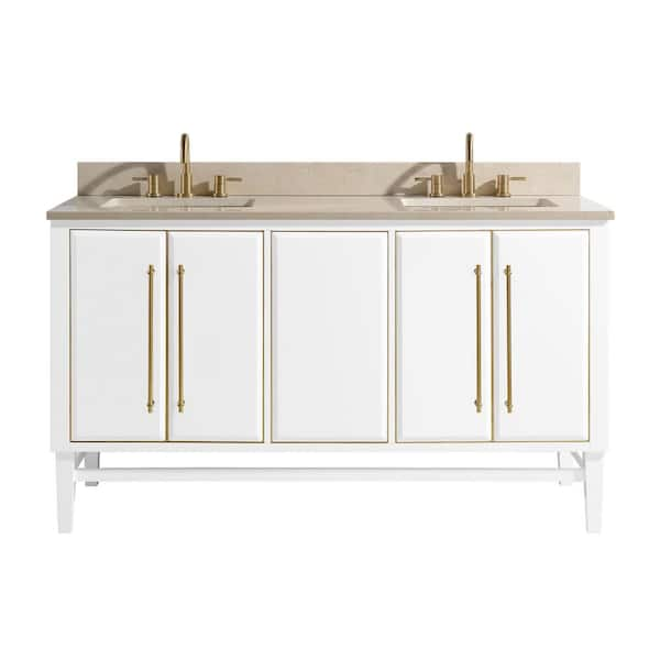 Avanity Mason 61 in. W x 22 in. D Bath Vanity in White with Gold Trim with Marble Vanity Top in Crema Marfil with White Basins