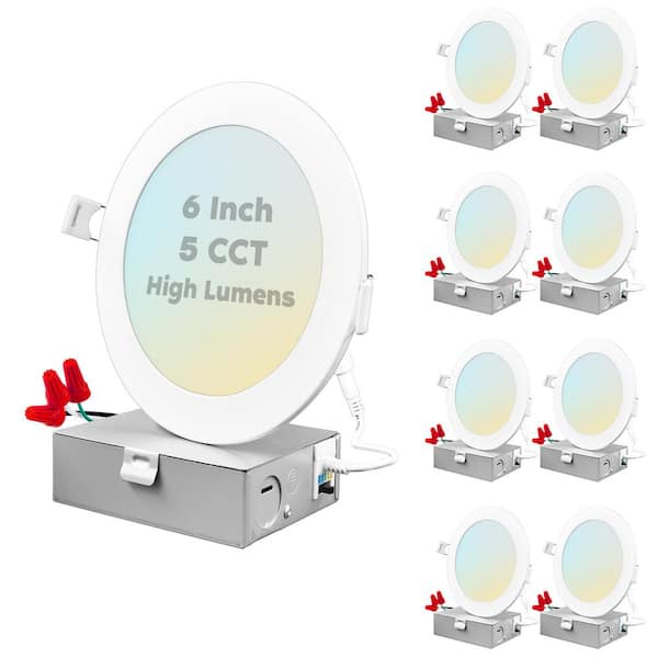 LUXRITE 6 in. Ultra Thin Canless 15-Watt 5 Color Options New Construction Integrated LED Recessed Light Kit J-Box (8-Pack)