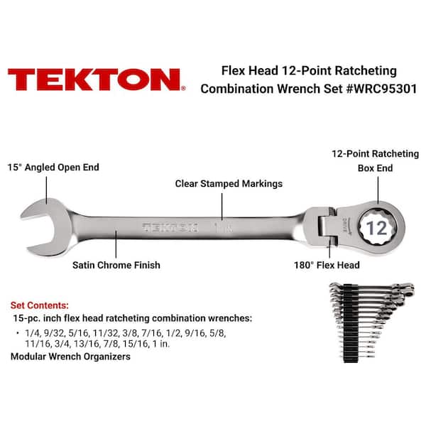 15-Piece (1/4-1 in.) Flex Head 12-Point Ratcheting Combination Wrench Set with Modular Slotted Organizer