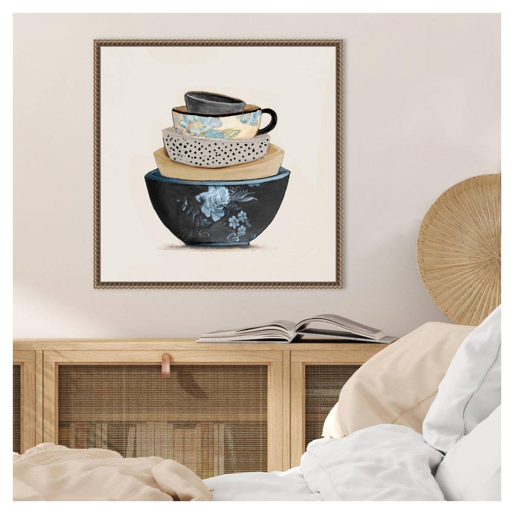 22"x22" Blue and Beige Stacked Bowls Canvas Print with Beaded Bronze Frame