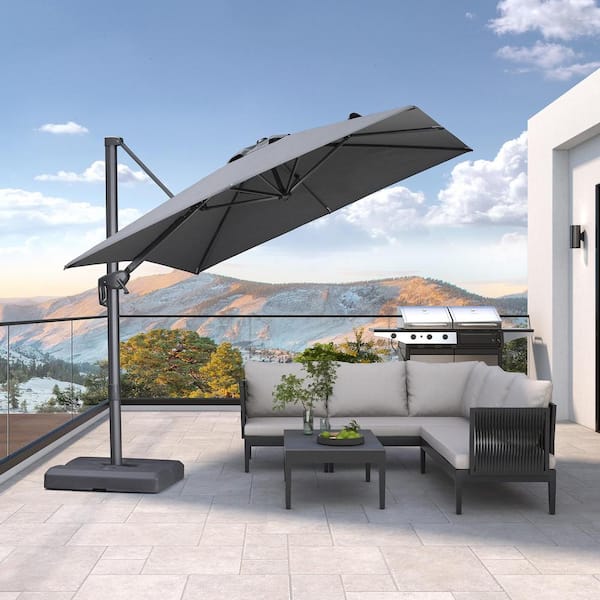 8 ft square aluminum cantilever offset patio umbrella PURPLE LEAF 8 ft. Square Outdoor Patio Cantilever Umbrella Aluminum Offset 360° Rotation Umbrella with Base, Mist Grey
