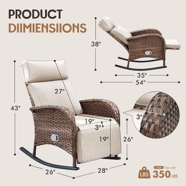 AFFort Wicker Patio Pneumatic Pump Gravity Adjustment Outdoor Rocking Chair with Beige Cushions (2-Pack)