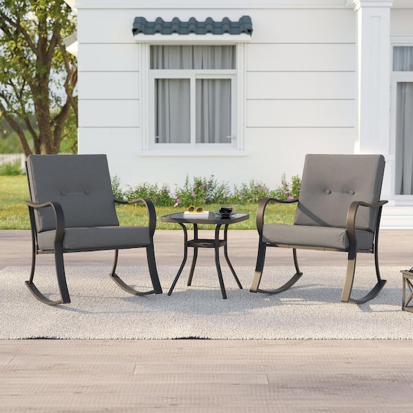 3-Piece Metal Frame Outdoor Bistro Set 2 Rocking Chairs with Gray Cushions and Tempered Glass Side Table