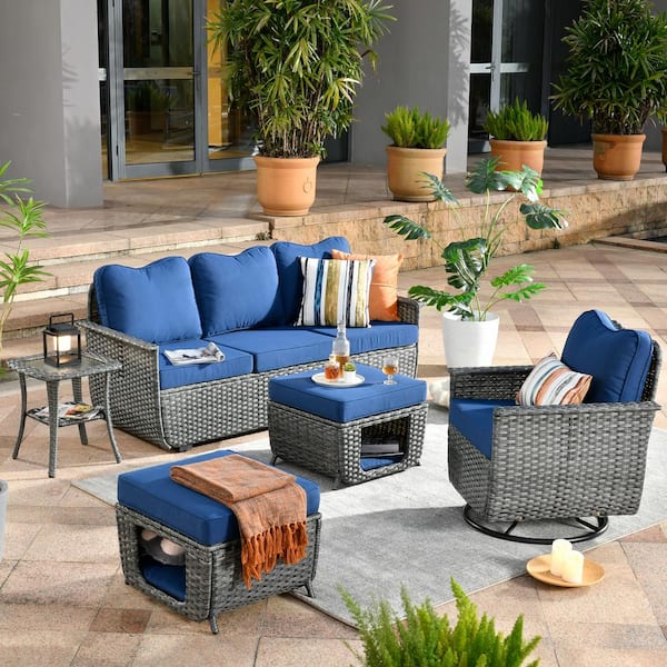 OVIOS Fortune Dark Gray 5-Piece Wicker Outdoor Patio Conversation Set with Navy Blue Cushions and Swivel Chairs
