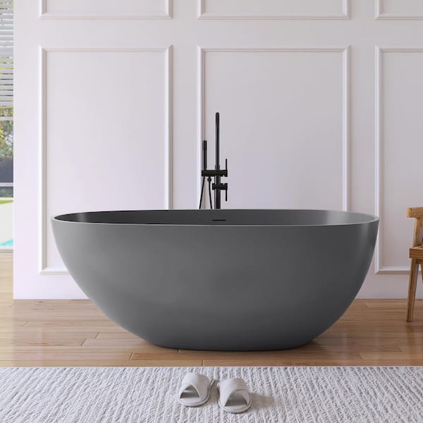 MEDUNJESS Luna 59 in. x 30.7 in. Stone Resin Solid Surface Flatbottom Freestanding Soaking Bathtub in Dark Gray